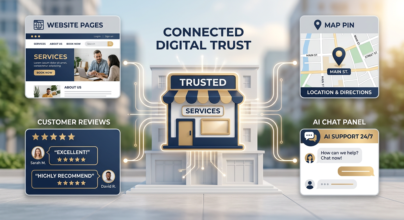 How to Show Up in ChatGPT and Earn Qualified Leads for Business 2 Modern illustrative scene showing a service business represented by a central storefront icon connected to website pages, ...