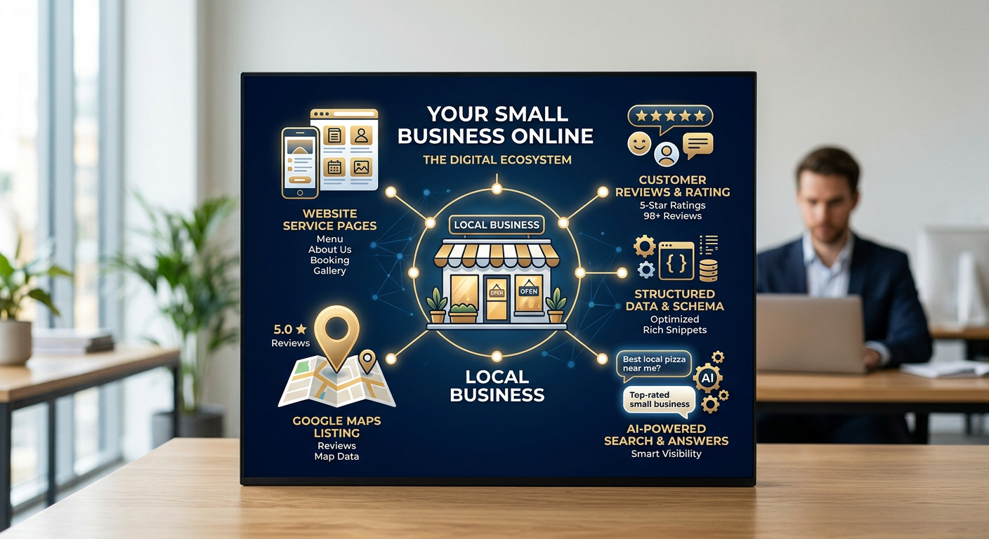 Modern illustrative scene showing a small business represented by a central storefront icon connected to service pages, Go...