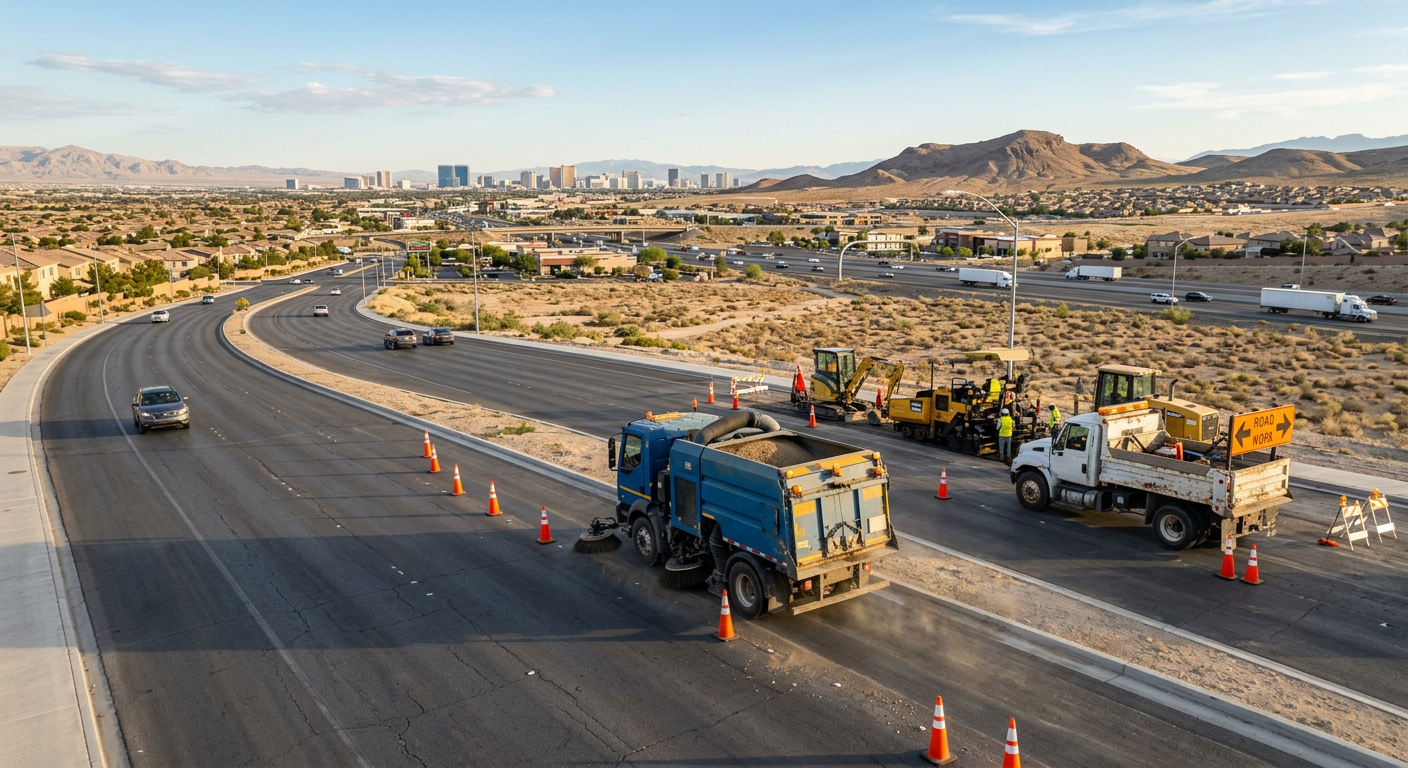 Photorealistic aerial view of an unbranded mechanical street sweeper working on a broad Nevada municipal arterial near a r...