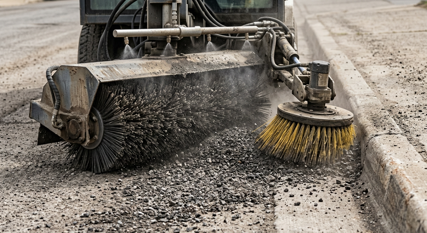 Photorealistic close-up of an unbranded mechanical broom sweeper’s main broom and gutter broom collecting coarse asphalt m...