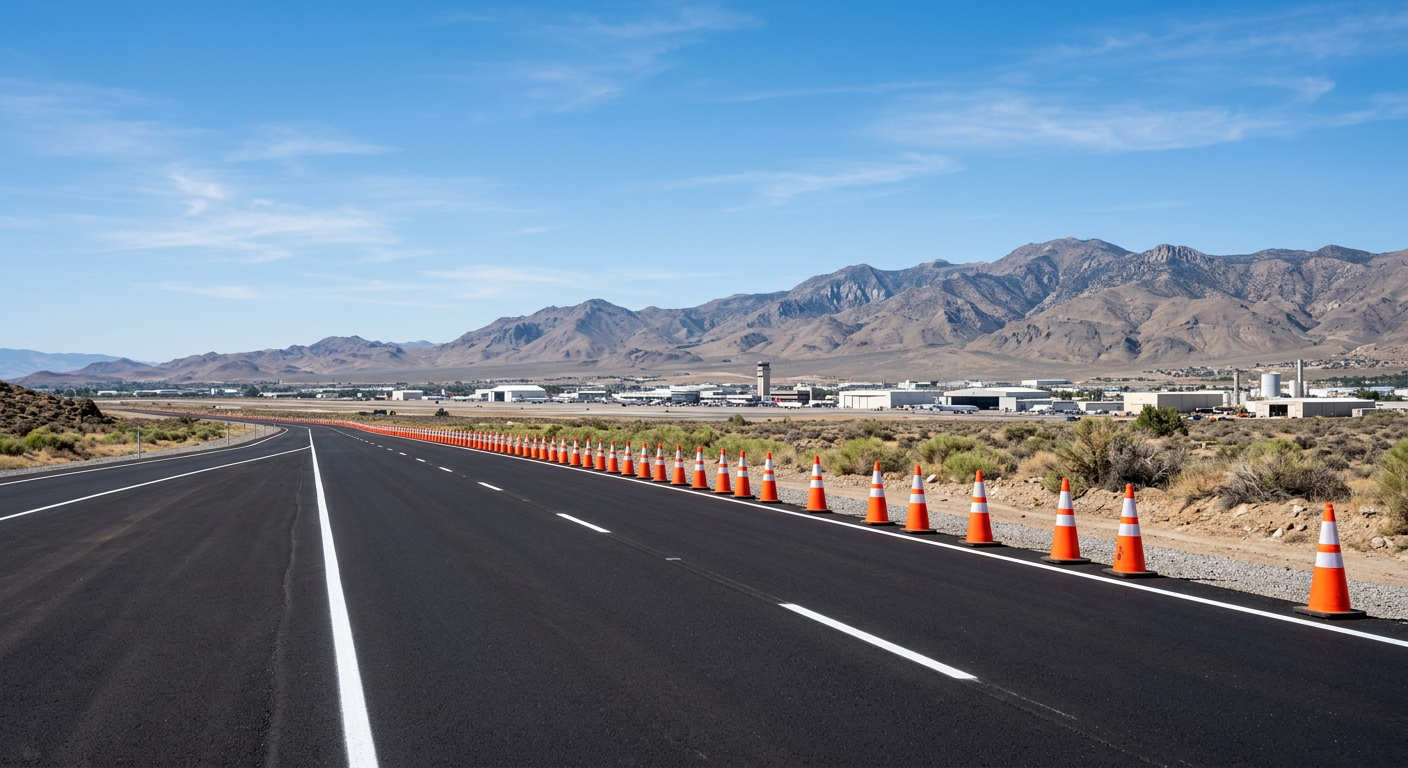 Photorealistic wide view of a clean Nevada municipal roadway after maintenance, showing fresh pavement, orderly orange con...