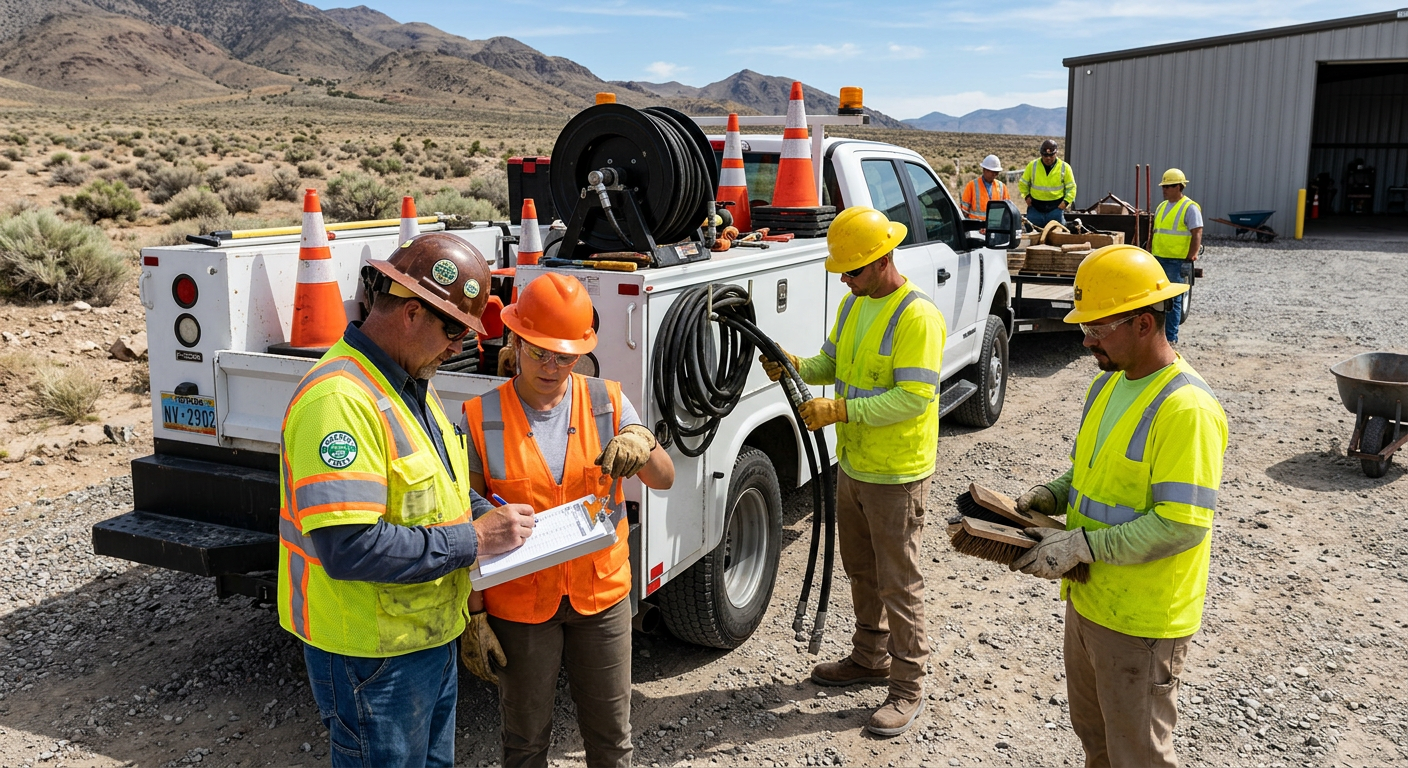 Photorealistic road construction crew in high-visibility PPE conducting a pre-shift inspection beside an unbranded service...