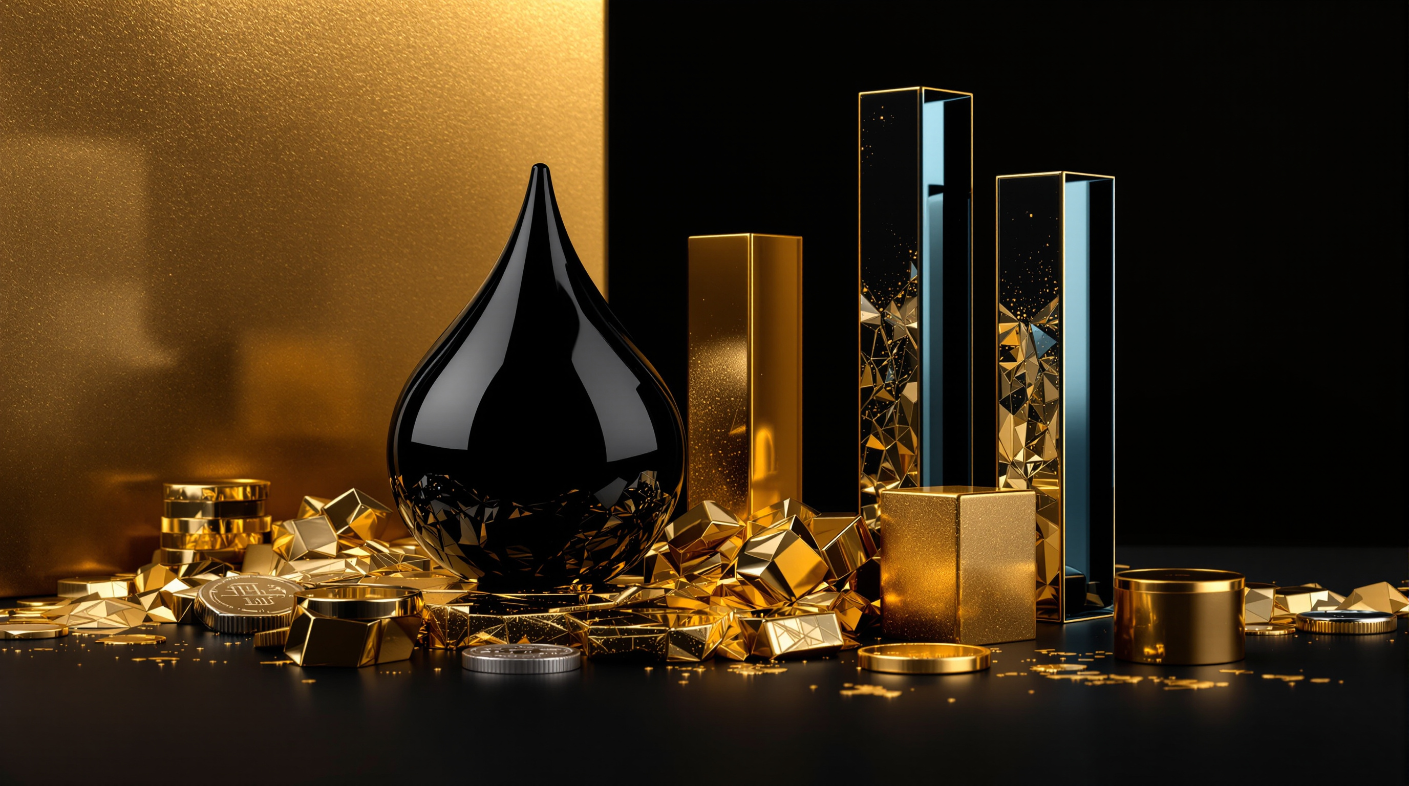 abstract still life combining an oil teardrop, a stylized tanker prow fragment, ascending silver-blue bar prisms, a gold ingot, and an unmarked silver — editorial cover artwork for the Knightron story on Hormuz Strikes Lift Oil, Tech Rallies; Gold Slips On Rate Hi