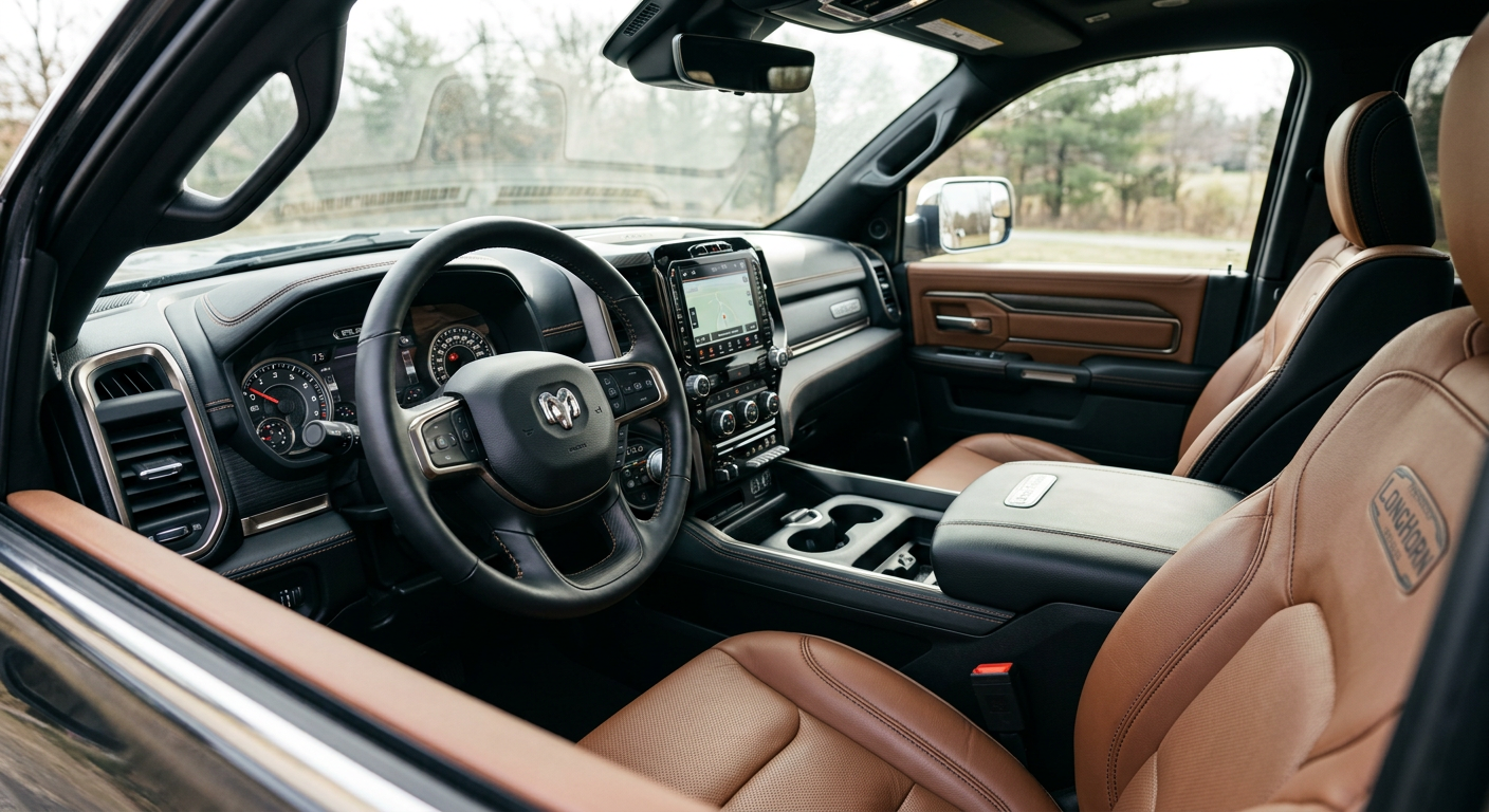 Close-up of a clean Ram 2500 Heavy Duty interior with steering wheel, center display, and leather front seats visible, pho...