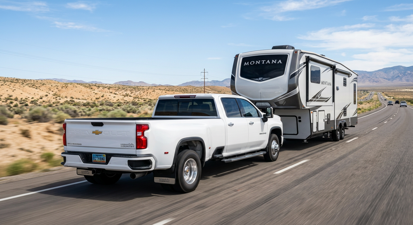 A white Chevrolet Silverado 3500HD dually towing a large fifth-wheel trailer on an open desert highway, photorealistic aut...