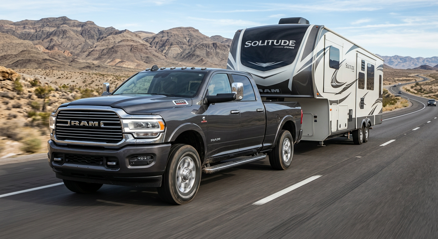 Close three-quarter view of a Ram 3500 Cummins diesel towing a fifth-wheel trailer on a dry highway, photorealistic and de...