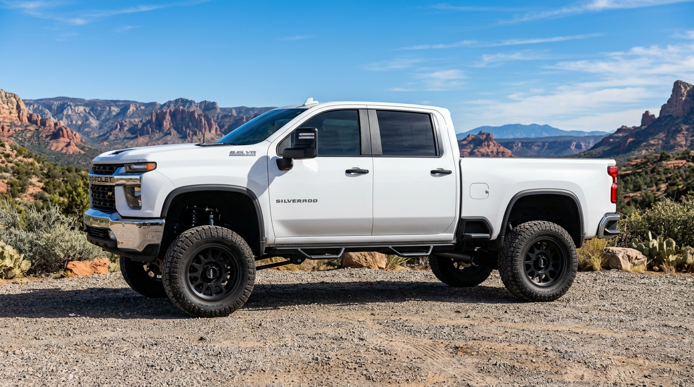 A custom lifted Chevrolet Silverado 2500HD gas truck viewed from the side on a clean gravel overlook, photorealistic autom...