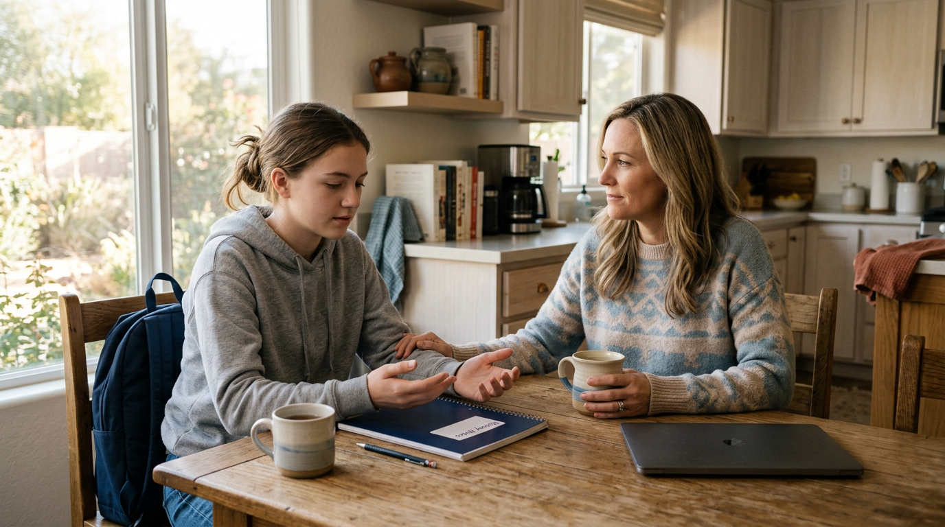 Depressed Teenager Symptoms Scottsdale: Signs Parents Should Watch Gentle photorealistic scene of a high school student sitting at a kitchen table with an unopened homework notebook, while ...
