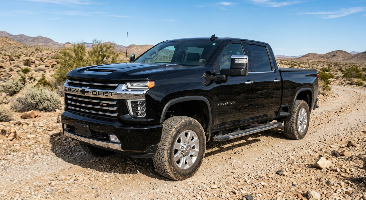 Close three-quarter view of a black Chevrolet Silverado 2500HD with a moderate suspension lift, all-terrain tires, and pol...