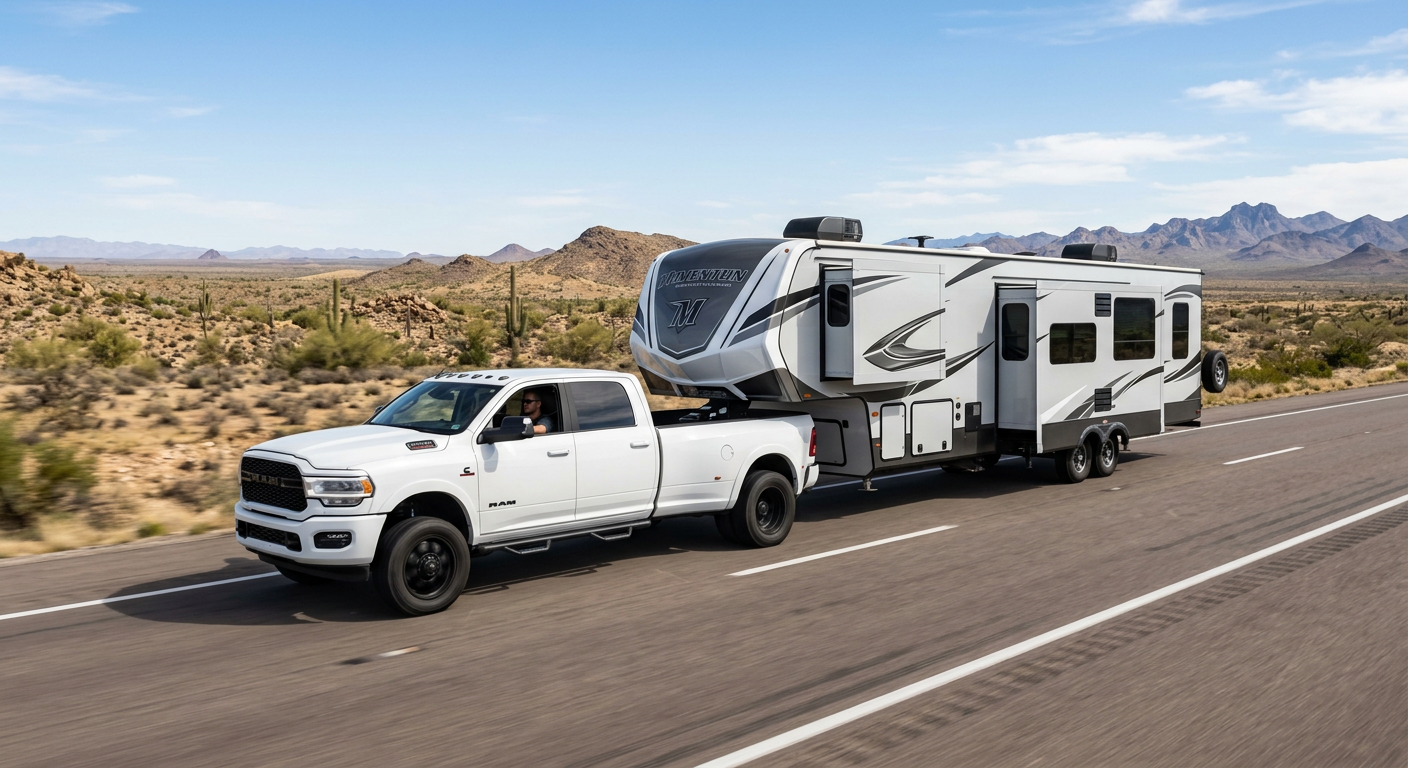 A white Ram 3500 dually with a clean moderate lift towing a fifth-wheel trailer on an open desert highway, photorealistic ...