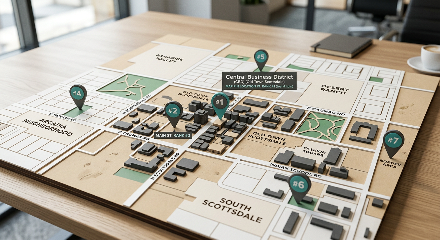 Clean isometric illustration of a Scottsdale map grid with a central business location, surrounding neighborhood zones, an...
