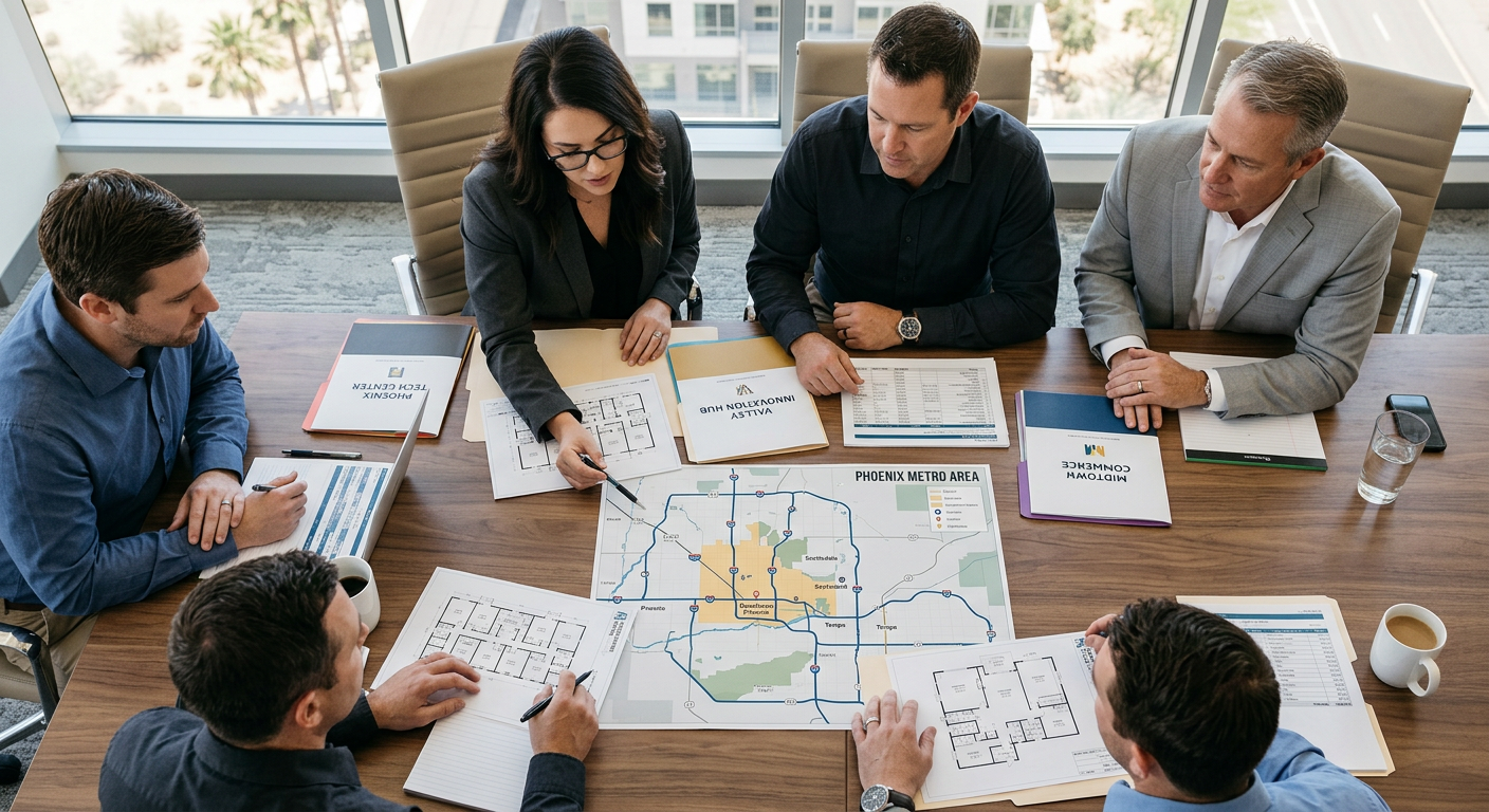Photorealistic overhead view of a commercial tenant team comparing three property folders, floor plans, cost sheets, and a...
