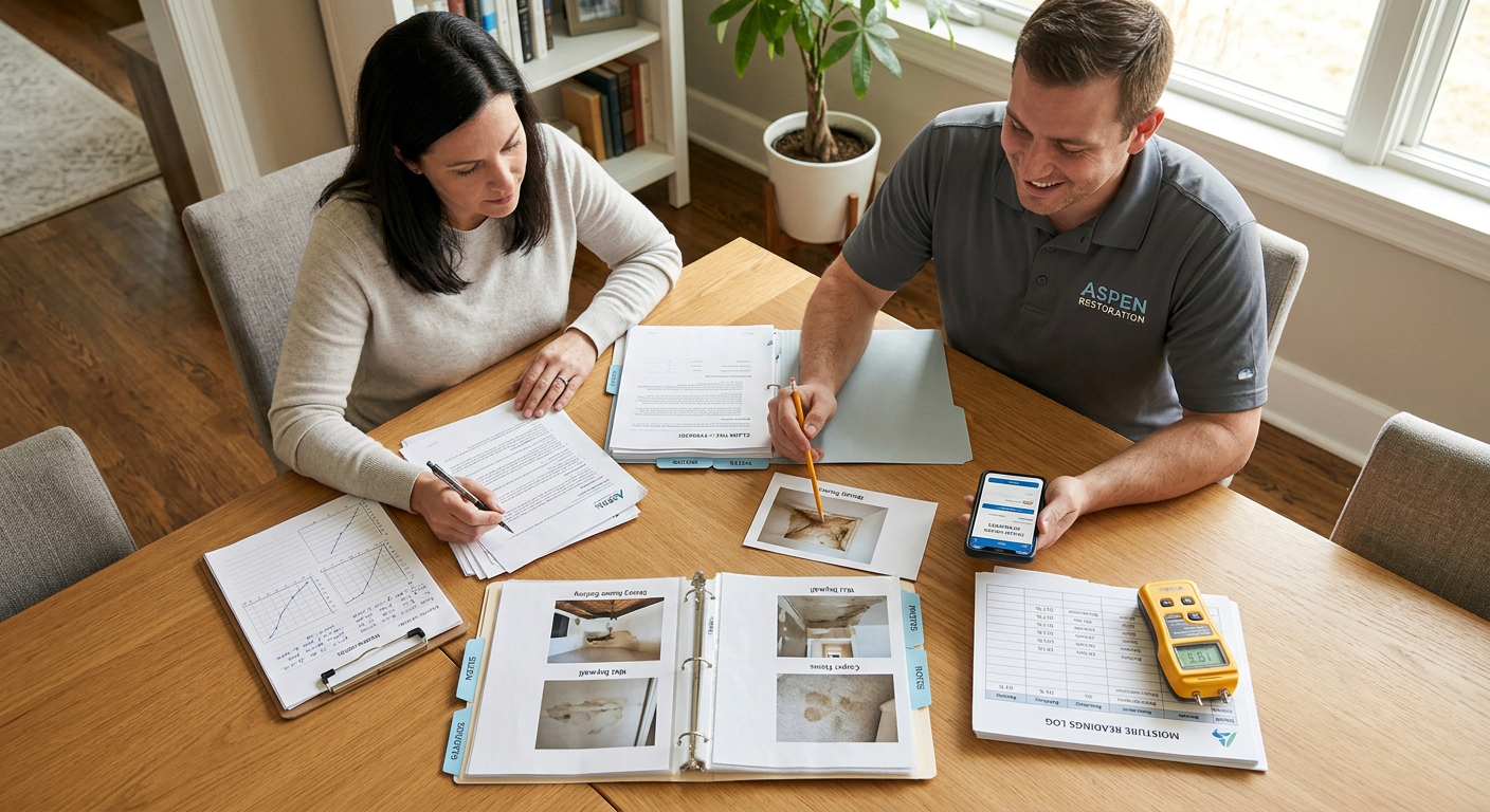 Insurance Claim Assistance Water Damage in Aspen, Colorado Guide | Water Damage Cleanup & Restoration Company in Aspen | Helpers Photorealistic overhead view of a homeowner and restoration professional organizing a water-damage claim file on a clean d...