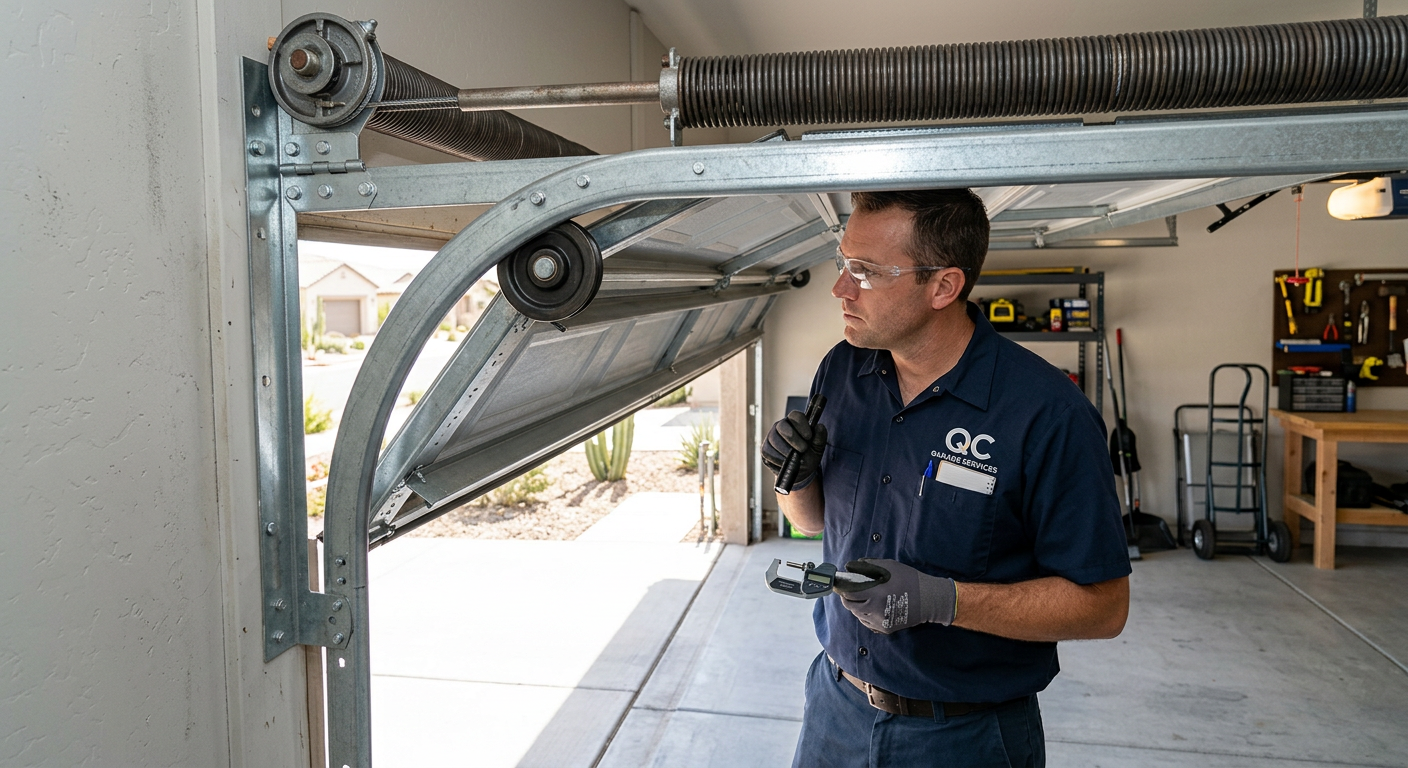 Garage Door Maintenance Queen Creek: A Practical Homeowner Plan 1 Photorealistic close-up inside a clean residential garage in Queen Creek, Arizona, showing a qualified technician visually...