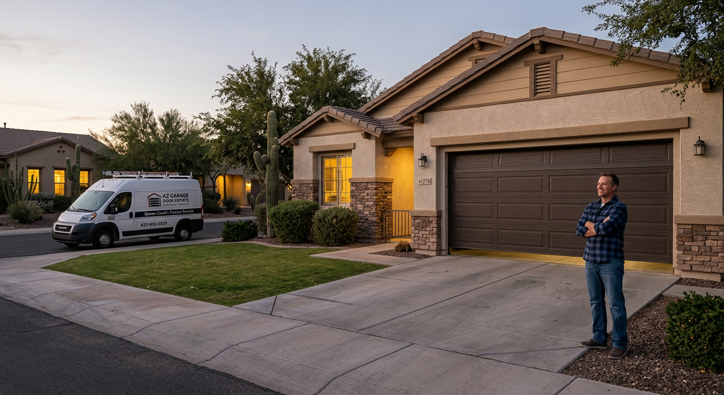 Garage Door Maintenance Queen Creek: A Practical Homeowner Plan 2 Photorealistic exterior view of a Queen Creek family home with a clean insulated garage door closing smoothly at dusk, hom...