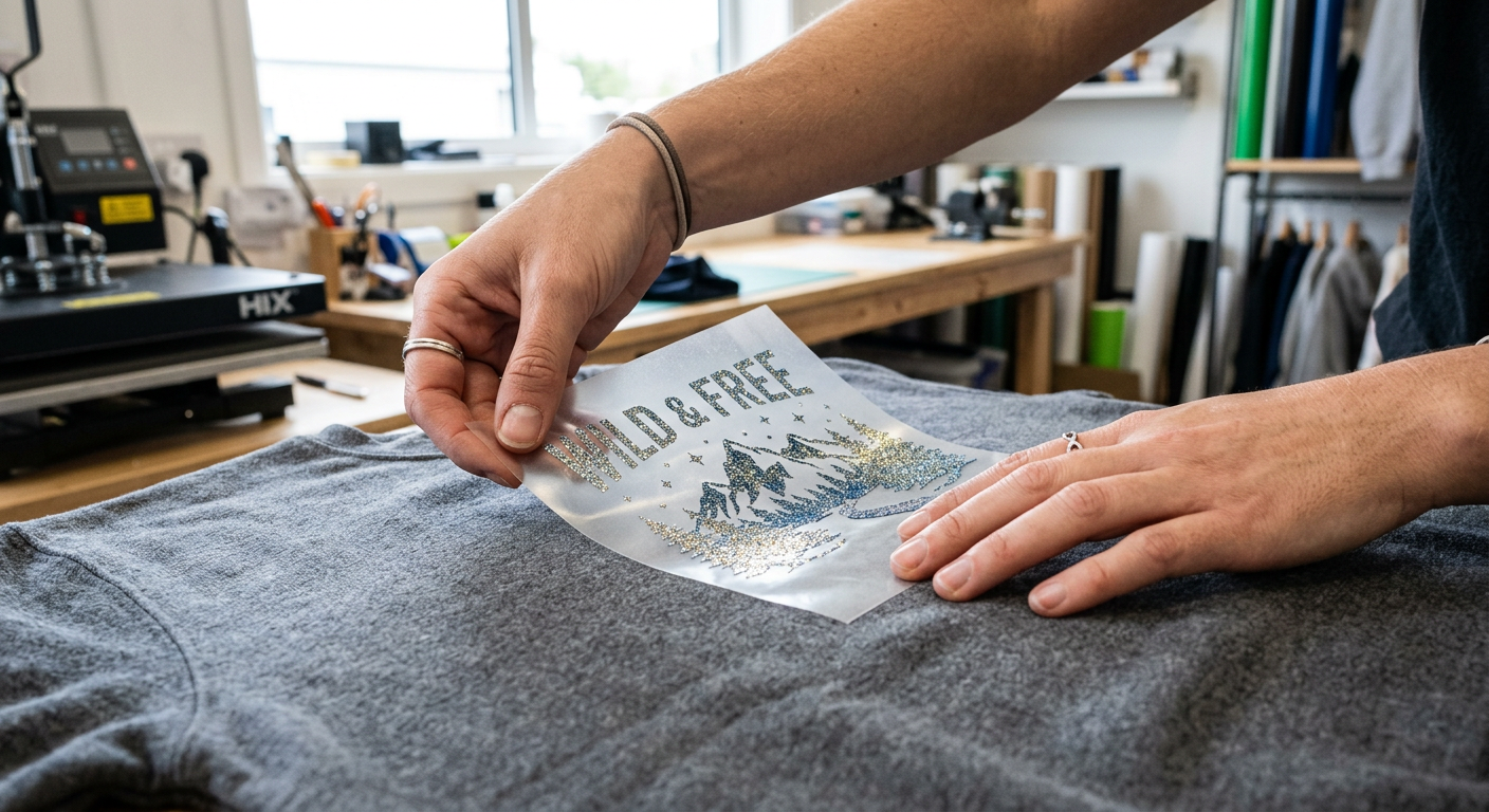 Close-up photorealistic view of hands aligning a glitter DTF transfer on a soft cotton sweatshirt before pressing, visible...