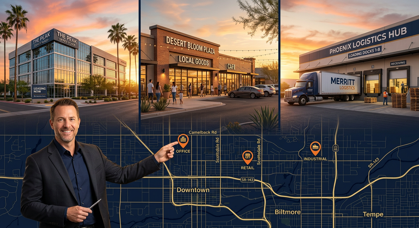 Modern illustrative photorealistic hybrid scene showing a Phoenix office building, a neighborhood retail storefront, and a...