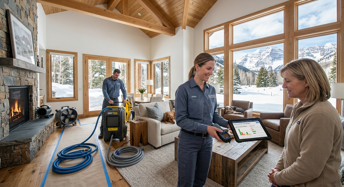 Insurance Claim Assistance Water Damage in Aspen, Colorado Guide | Water Damage Cleanup & Restoration Company in Aspen | Helpers Photorealistic restoration team using moisture meters and commercial drying equipment in a bright Aspen living room, one t...