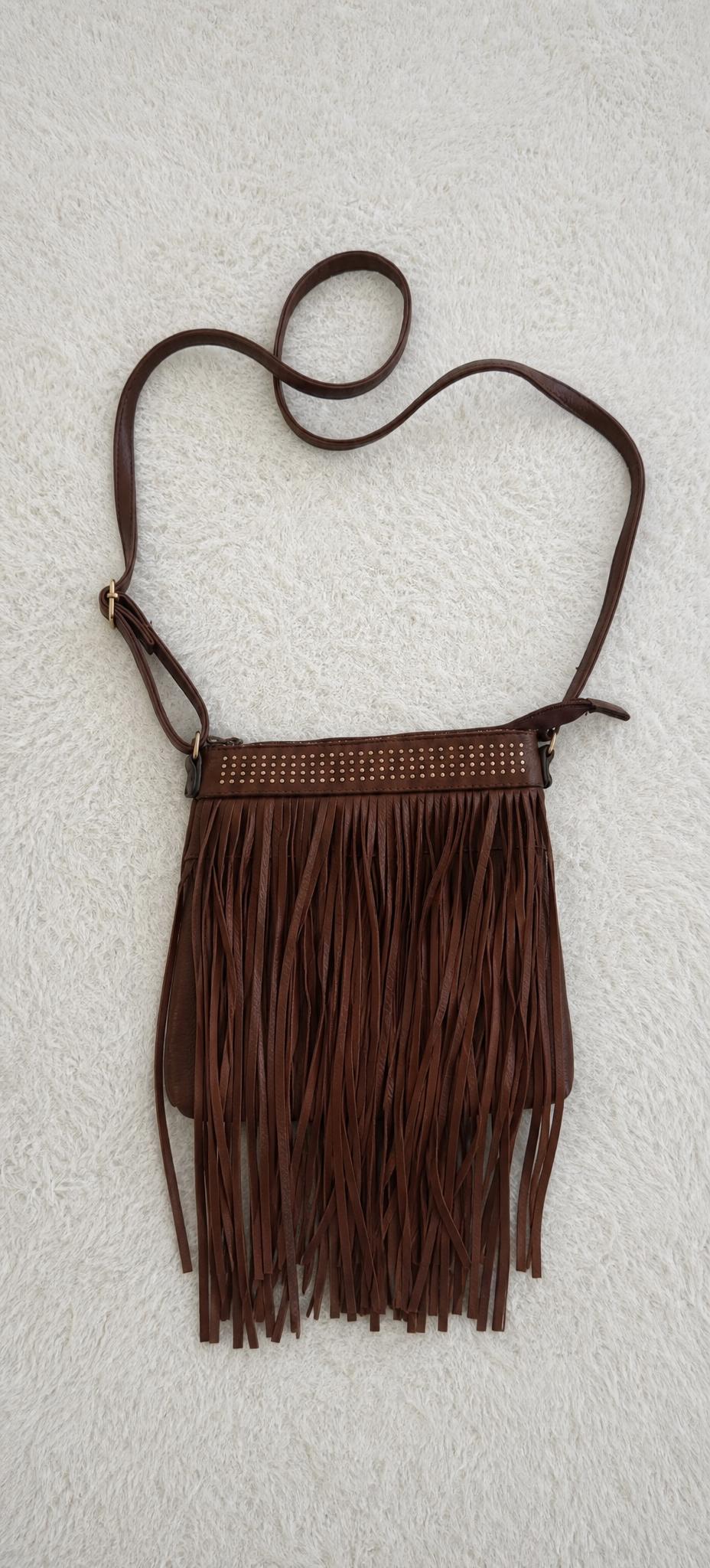Brown Faux Leather Fringed Crossbody Bag with Studs