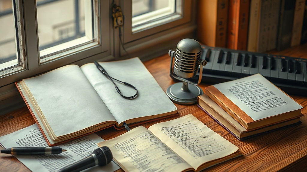 An editorial concept image of a Korean pop album inspired by books and literary pages