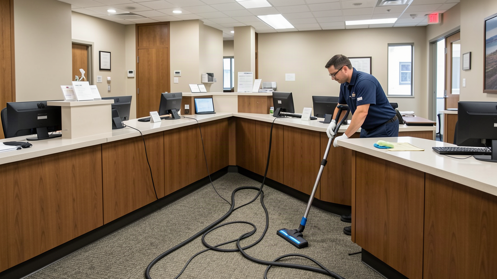 Commercial cleaning technician wiping a teller counter in a clean bank branch lobby after hours