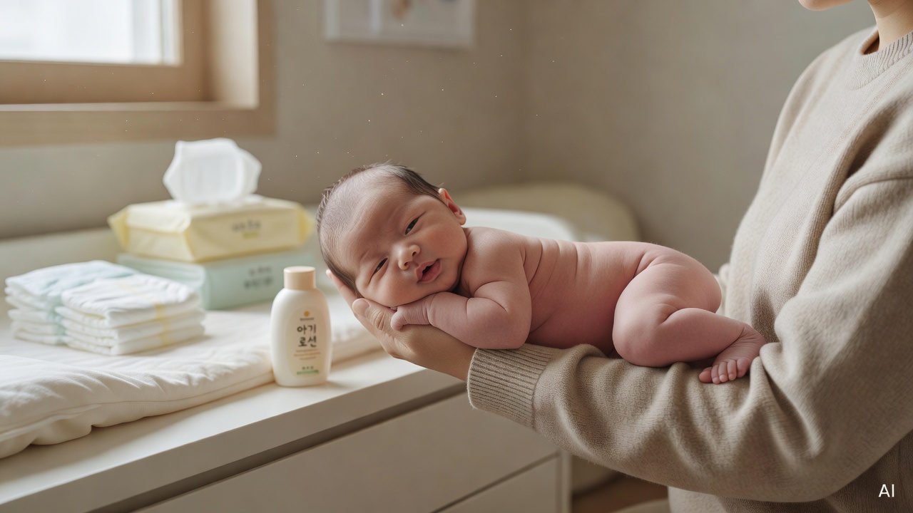a newborn baby lying on their stomach across an adult's forearm in a baby care room, with a changing table in the background