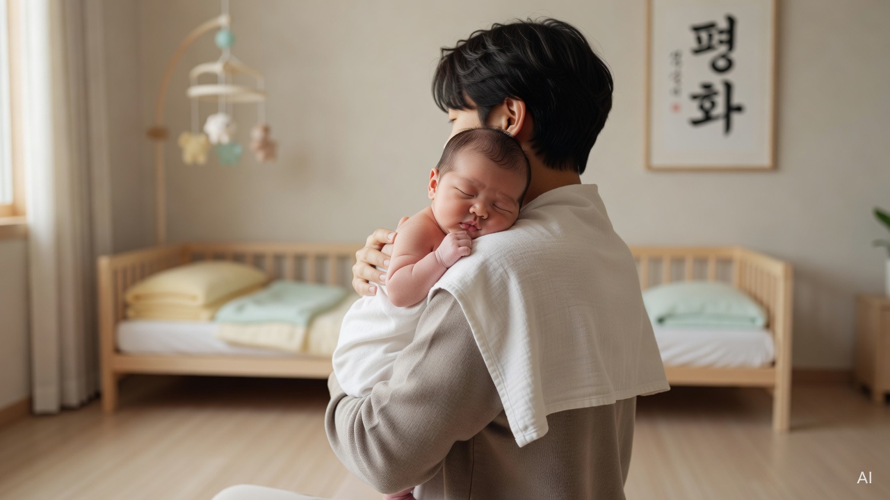 a newborn baby being held upright against an adult's shoulder with a white cloth over the shoulder, in a softly lit nursery room