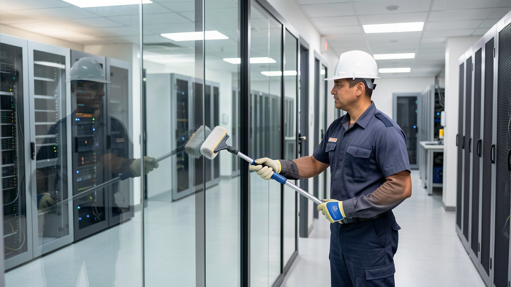 Commercial cleaning technician working in a controlled technical facility corridor for data center support areas