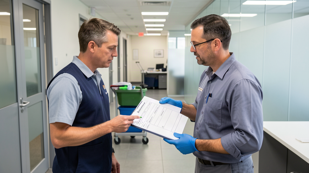 Facility manager reviewing a commercial cleaning scope of work with a janitorial supervisor in an office hallway