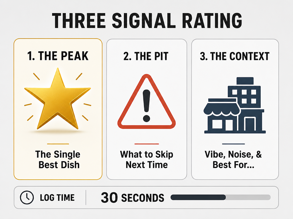 A framework diagram showing the Three Signal Rating system: The Peak dish, The Pit to avoid, and the Context of the restaurant vibe.