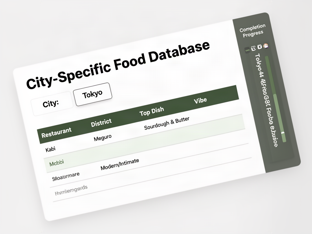 A database mockup showing restaurant entries filtered by city, including columns for district, best dish, and vibe for a Tokyo food guide.