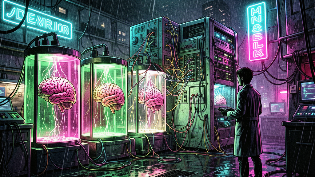 A lab full of growing neural tissue wired into a supercomputer