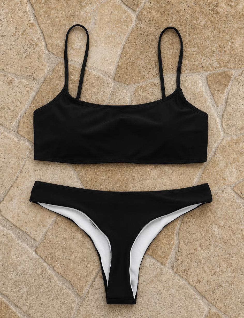 Black Two-Piece Bikini with White Contrast Panels