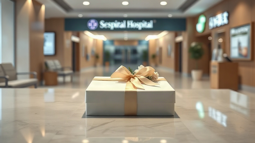 A polished pop-group tribute scene showing RIIZE-style members presenting a symbolic donation envelope beside a hospital backdrop.