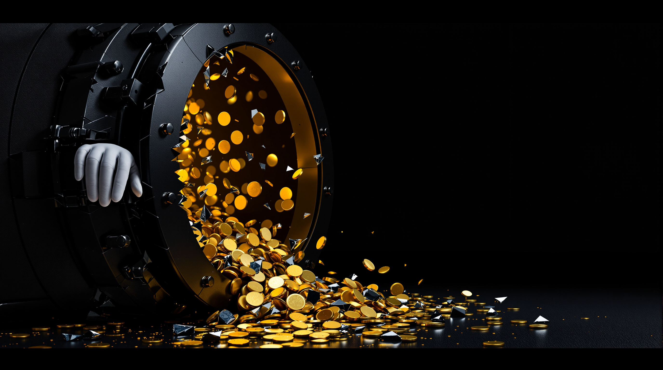 an open matte-black bank vault door with a cascade of polished gold discs and fractured silver-blue metal shards; a lone white glove rests on the vaul — editorial cover artwork for the Knightron story on Liquid Network Loses $320 Million In Bitcoin Exploit; Hacker