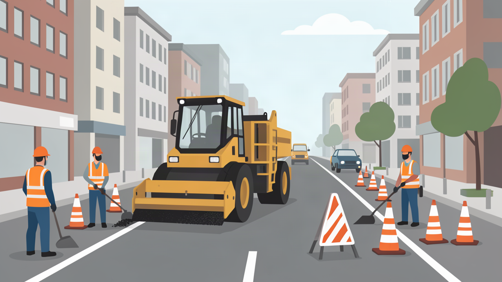 Ilustración de obras de bacheo en una calle de Ituzaingó, con máquina de asfalto y vallas de construcción