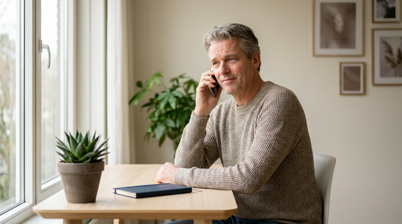 Ondernemer die rustig en geconcentreerd luistert naar een lastige klant aan de telefoon
