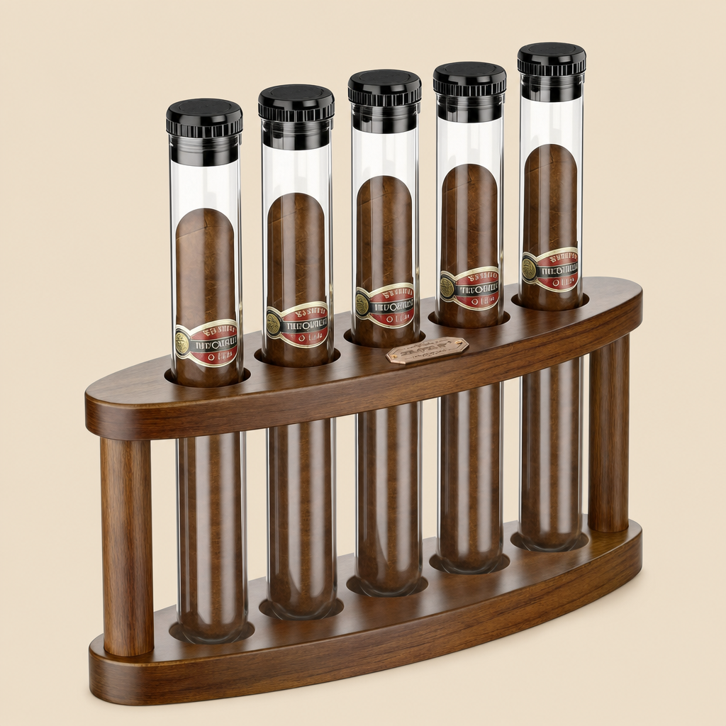 Five tubes, one wooden stand, one clean setup