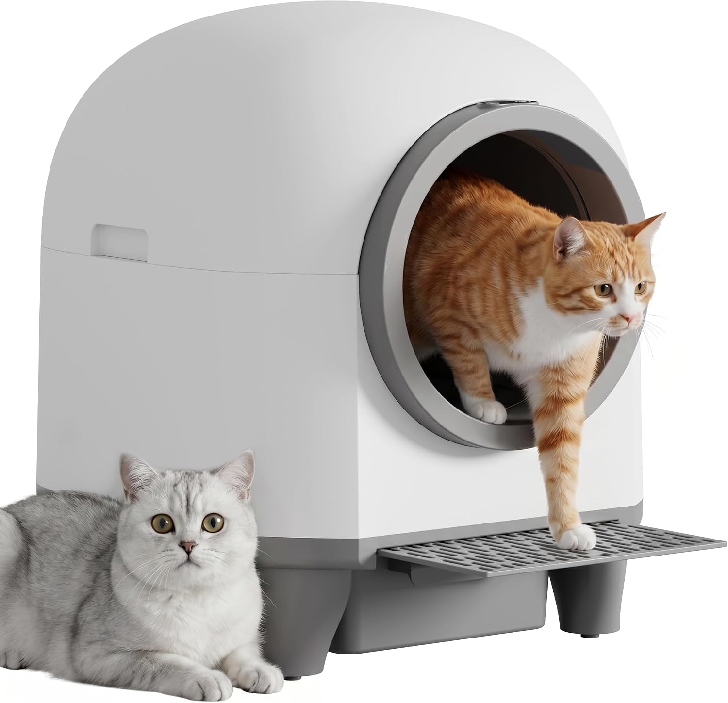 Macro close-up of the Greesum XL litter box's sealed globe entrance and cleaning mechanism with metallic finish