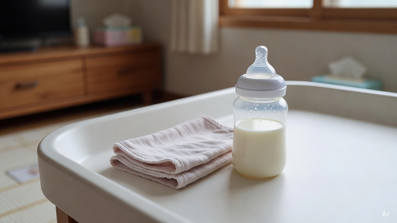 baby bottle and burp cloth on a white changing table surface