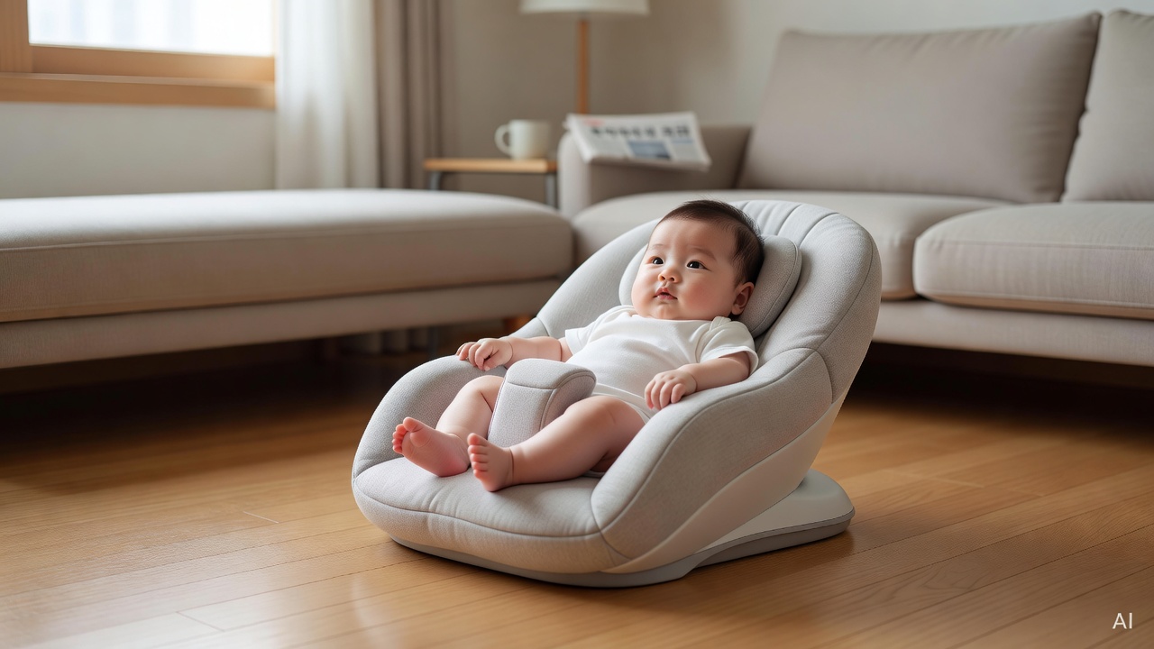 infant reclining chair slightly tilted at an angle, on a wooden floor near a window