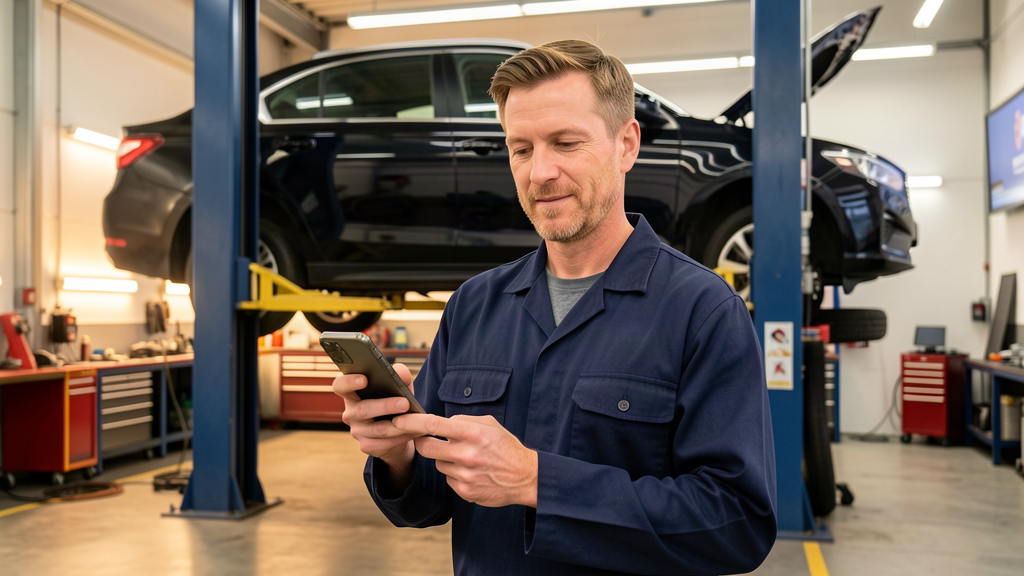 A professional auto mechanic in a navy work uniform holding a ringing smartphone in a modern auto repair shop, no text