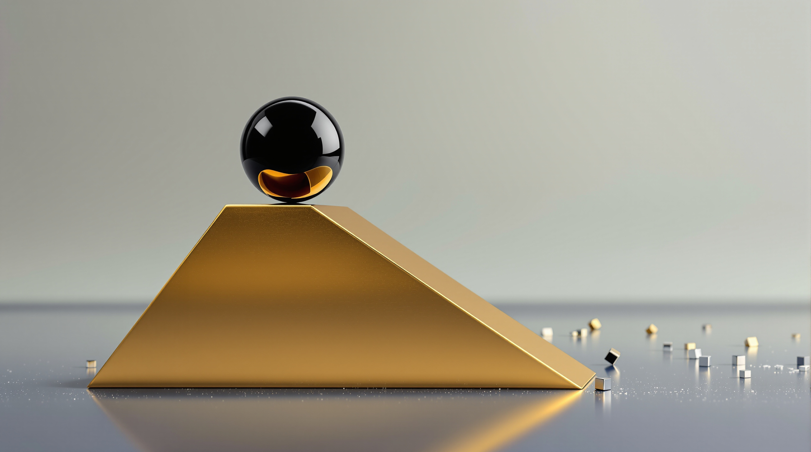 polished black oil sphere (crude droplet) perched on a slender metallic gold wedge; background silver-blue plane with a few small silver cubes in mid- — editorial cover artwork for the Knightron story on Markets Drift As Iran Tensions Lift Oil, Fed Hike Bets Build