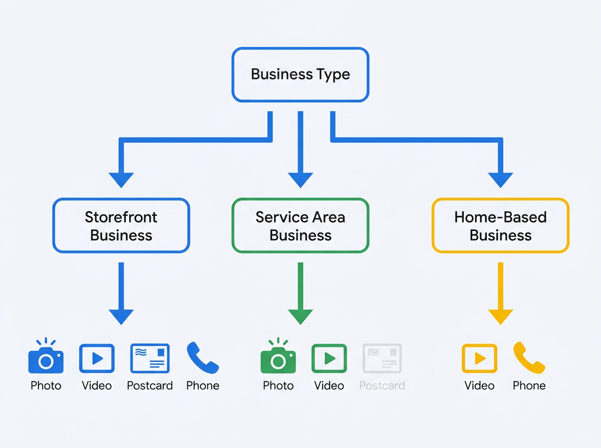 Flowchart showing Google Business Profile verification methods by business type