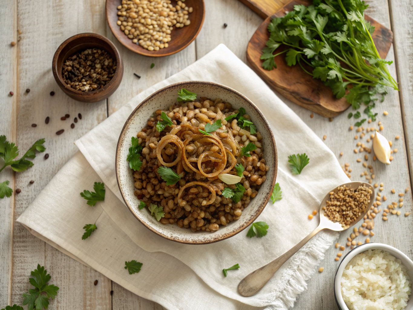 Mujadara with Caramelized Onions and Herb Salad