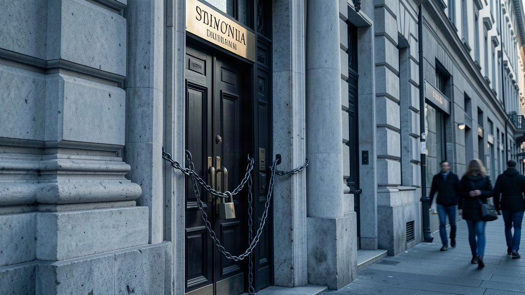 Sede di una banca con lucchetto, de-risking e conti correnti per il gioco legale