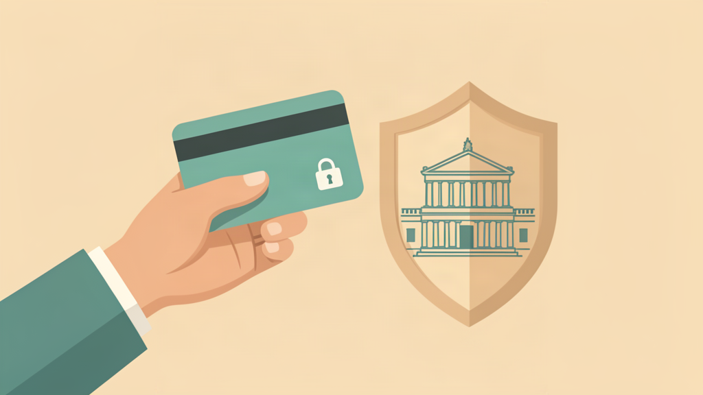 Illustrazione: una mano tiene una carta bancaria con un lucchetto, accanto a uno scudo con un edificio istituzionale