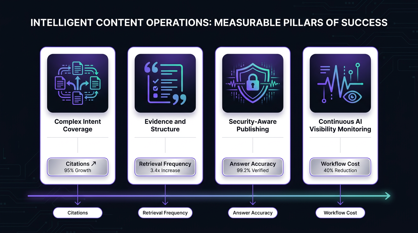 Gemini 3.8 Flash 2026 content strategy infographic with four measurable pillars