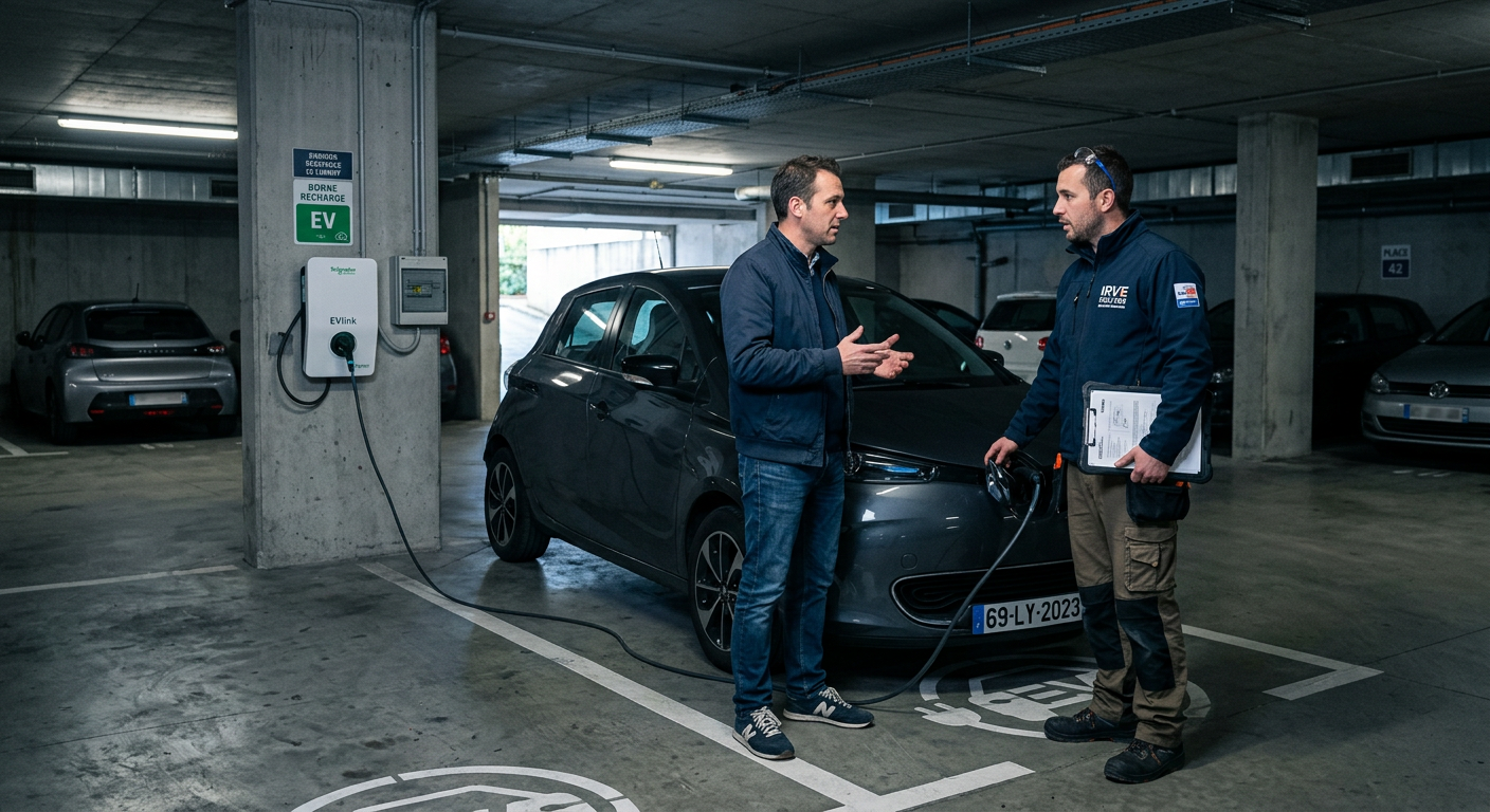 Locataire discutant avec un installateur professionnel devant une borne de recharge électrique en copropriété dans un parking souterrain.