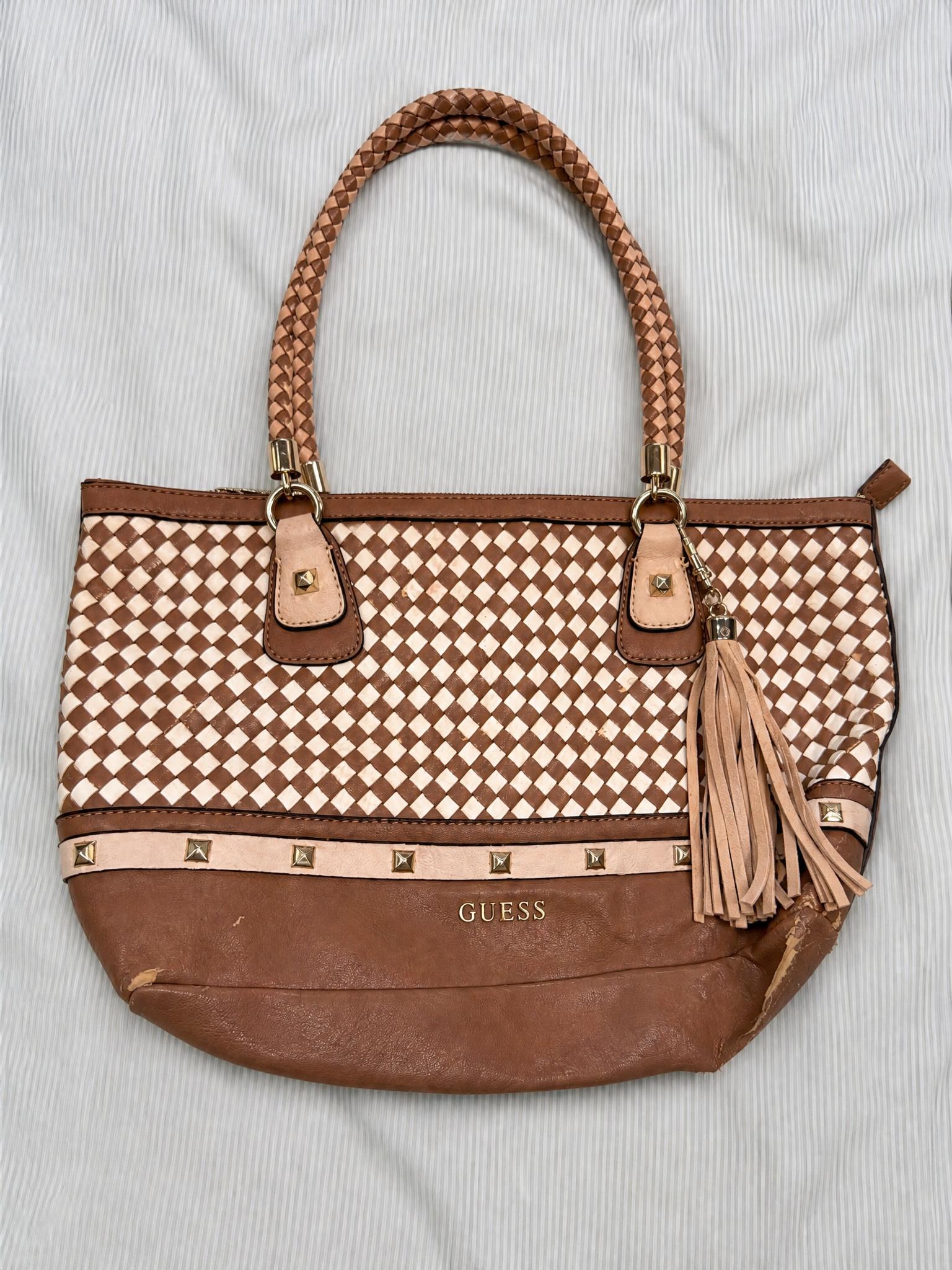 GUESS Brown Checkerboard Shoulder Tote Bag with Tassel
